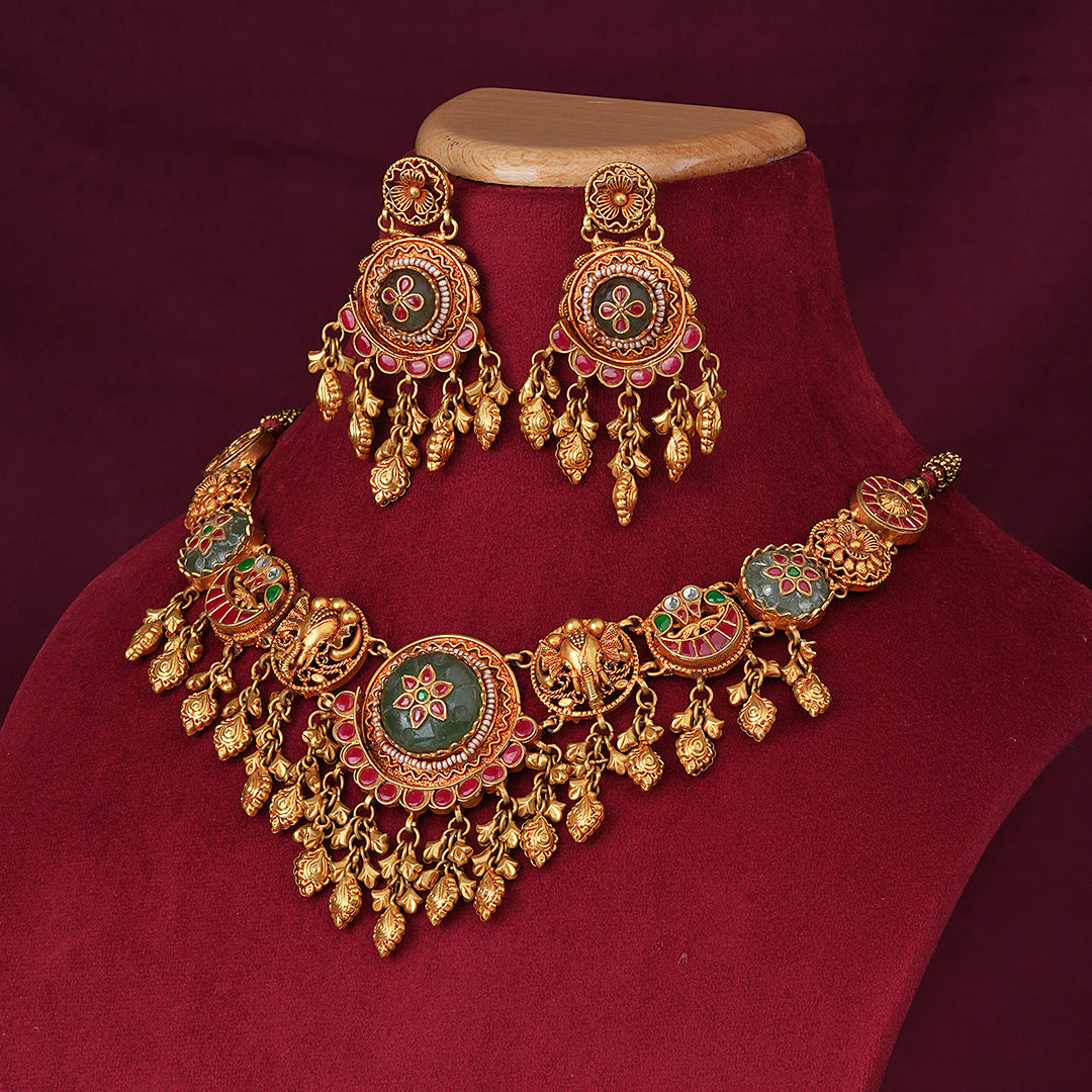 Elephant & Floral Heritage Necklace Set with Matching Earrings