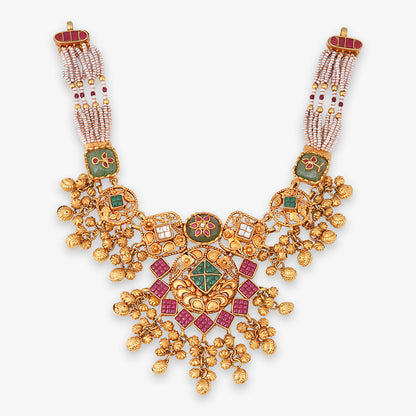Geometric Heritage Pearl-Strand Necklace Set with Matching Earrings