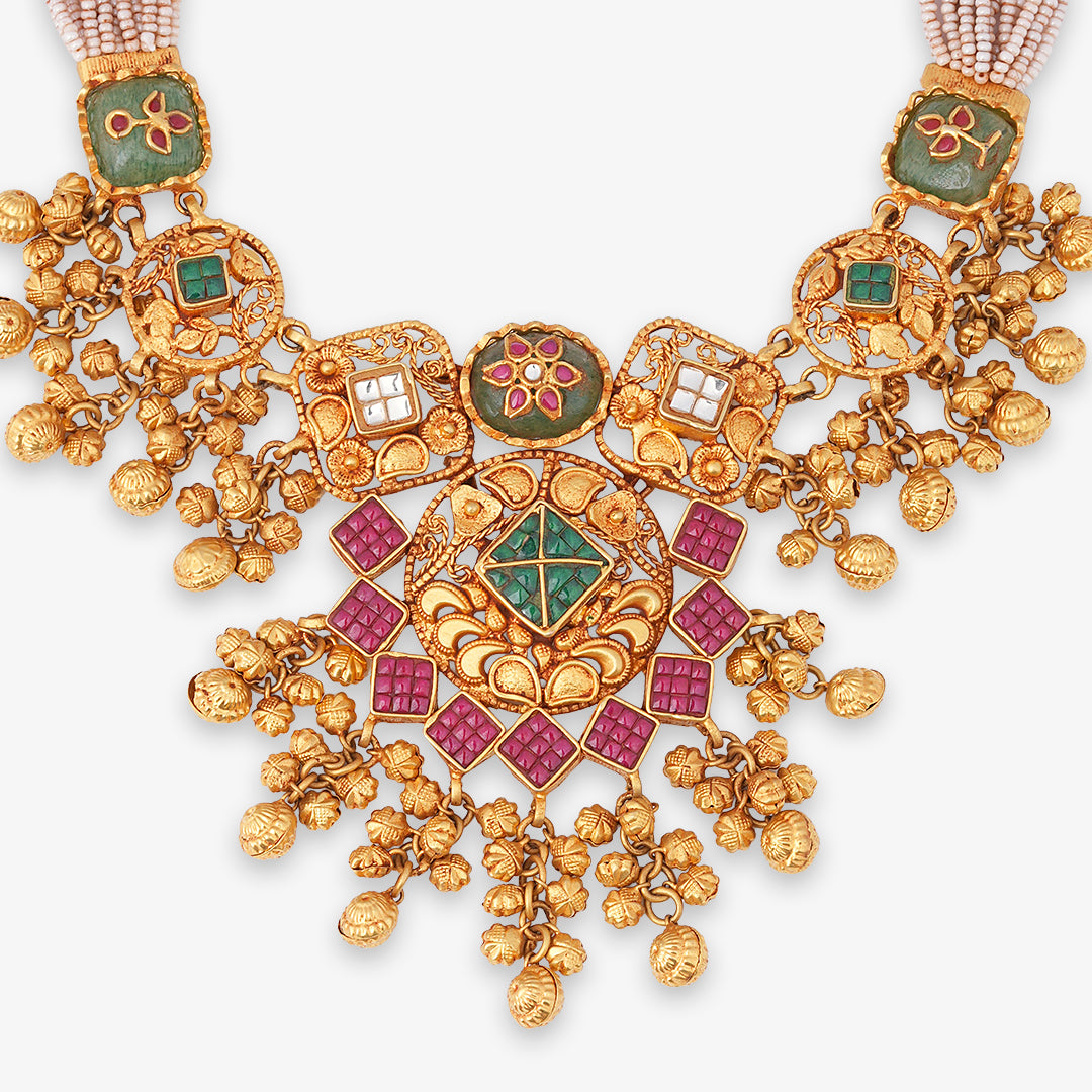 Geometric Heritage Pearl-Strand Necklace Set with Matching Earrings