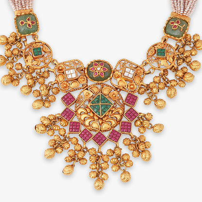 Geometric Heritage Pearl-Strand Necklace Set with Matching Earrings