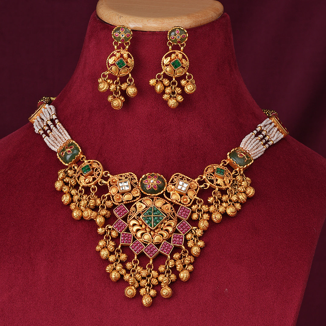 Geometric Heritage Pearl-Strand Necklace Set with Matching Earrings
